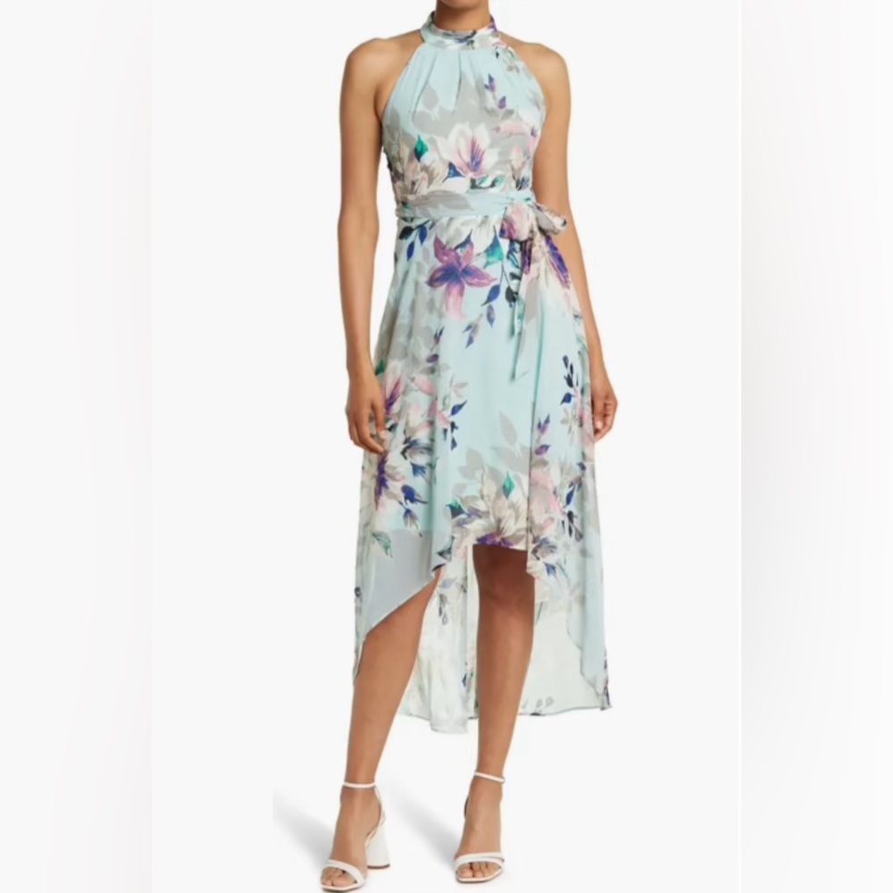 Eliza J Floral Halter Neck High-low Maxi Dress In Aqua